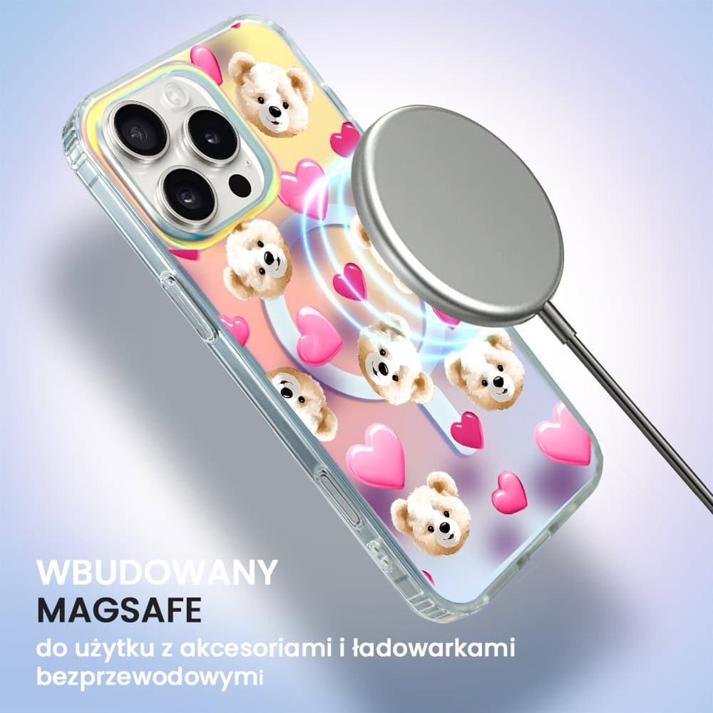 Etui do iPhone 16 Pro Max MagSafe Bear With Me, Love Mood, miś i serduszka, zmieniające kolor