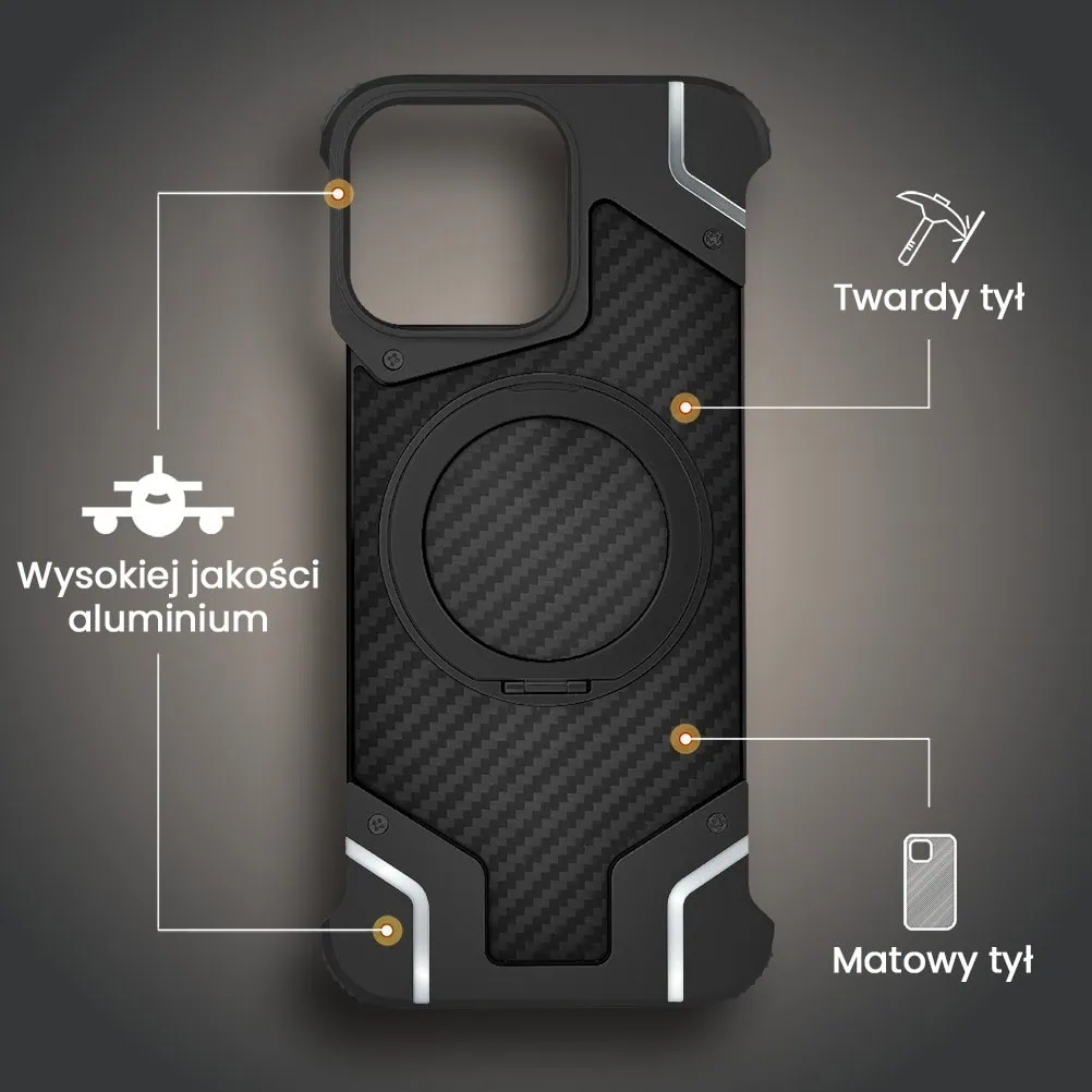 Etui do iPhone 16 Pro MagSafe Carbon Spinal Shield, anti shock, metalowe z podstawką, czarne