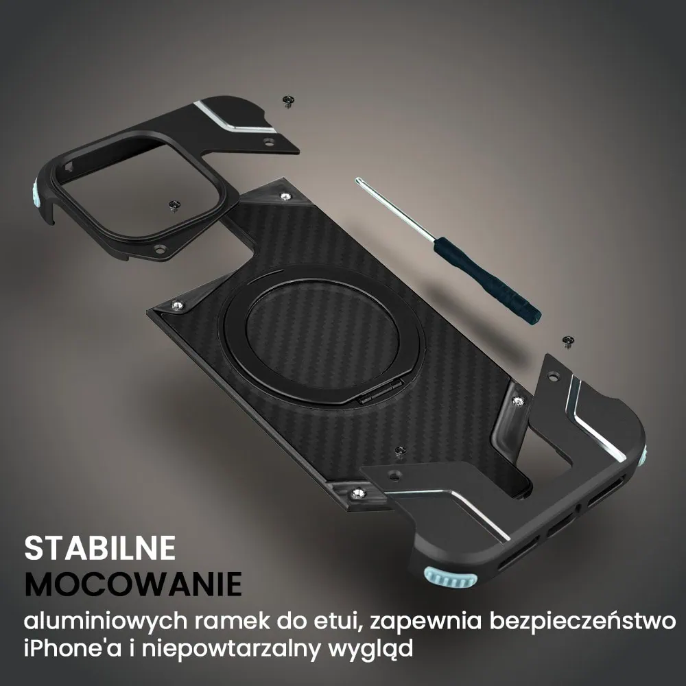 Etui do iPhone 16 Pro MagSafe Carbon Spinal Shield, anti shock, metalowe z podstawką, czarne