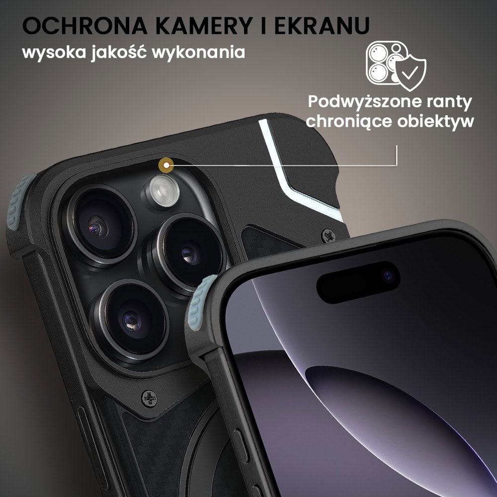 Etui do iPhone 16 Pro MagSafe Carbon Spinal Shield, anti shock, metalowe z podstawką, czarne
