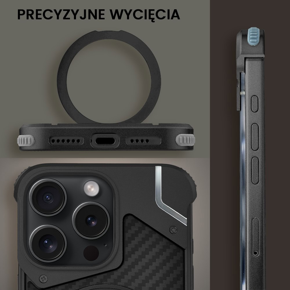 Etui do iPhone 16 Pro MagSafe Carbon Spinal Shield, anti shock, metalowe z podstawką, czarne