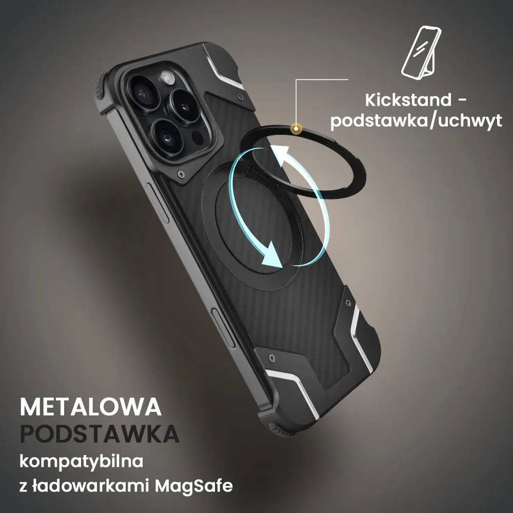 Etui do iPhone 16 Pro MagSafe Carbon Spinal Shield, anti shock, metalowe z podstawką, czarne