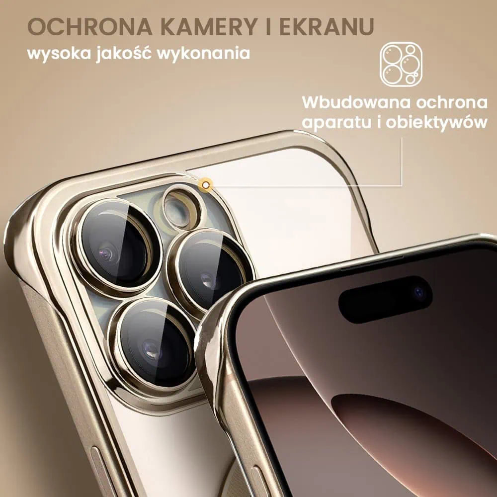 Etui do iPhone 16 Pro Max MagSafe Luxury Protect Lite przeźroczyste, hybrydowa ochrona kamery, tytan pustynny
