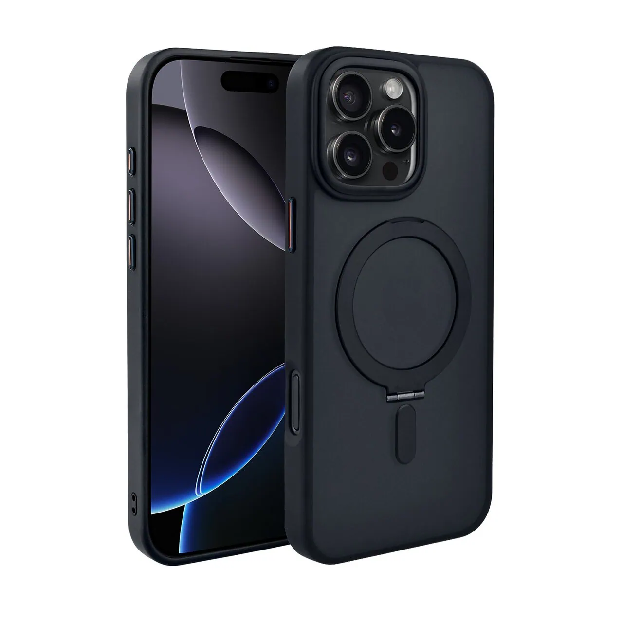 Etui do iPhone 16 Pro Max Metal Cam MagSafe Stand z podstawką, twarde, półprzeźroczyste, czarne