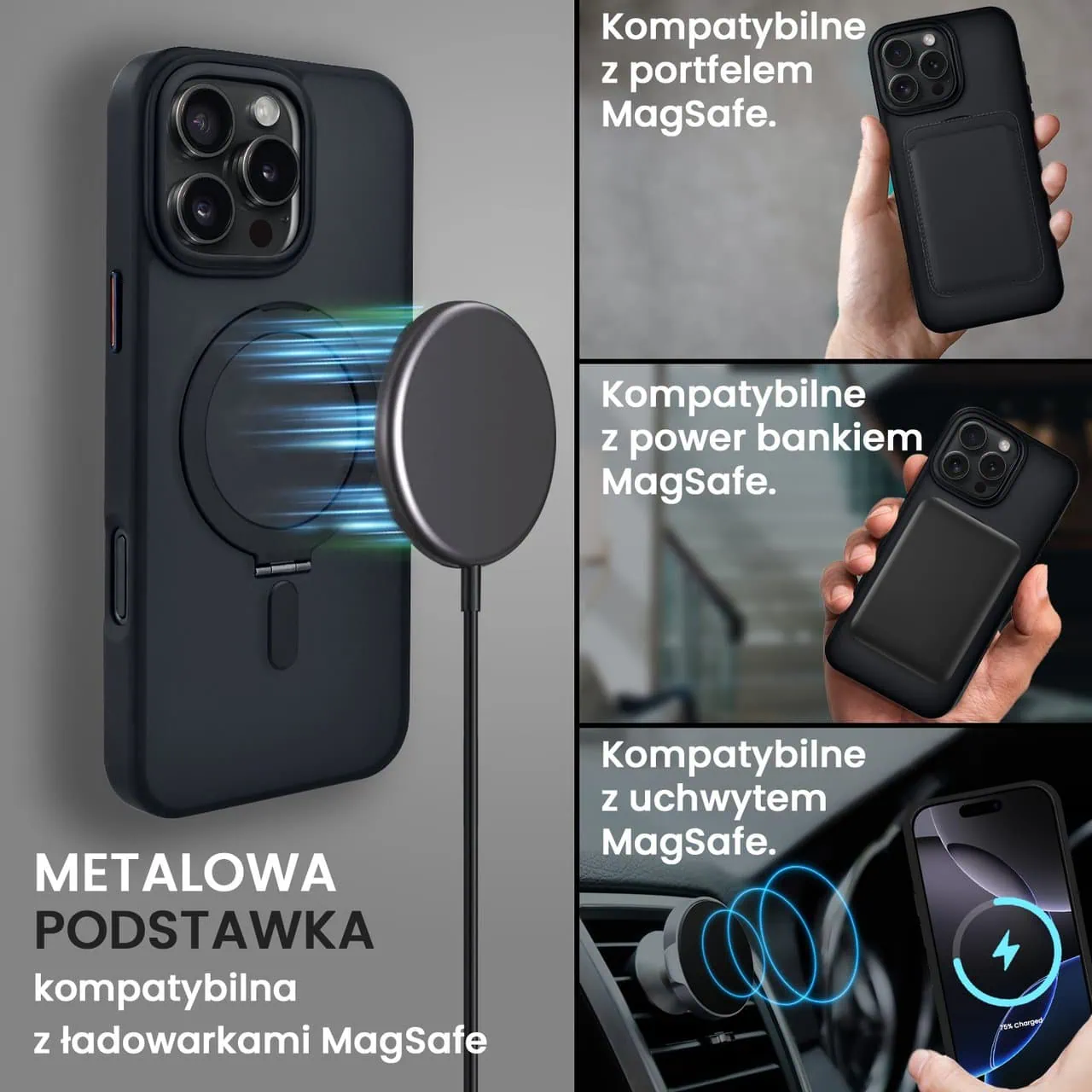 Etui do iPhone 16 Pro Max Metal Cam MagSafe Stand z podstawką, twarde, półprzeźroczyste, czarne