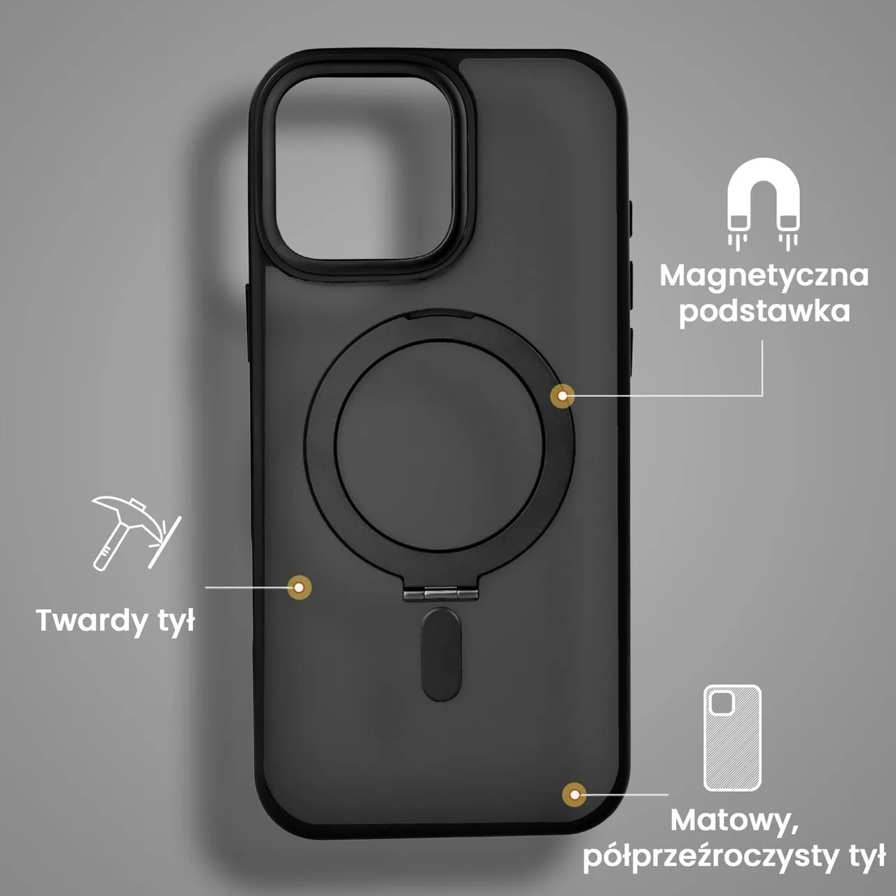 Etui do iPhone 16 Pro Max Metal Cam MagSafe Stand z podstawką, twarde, półprzeźroczyste, czarne