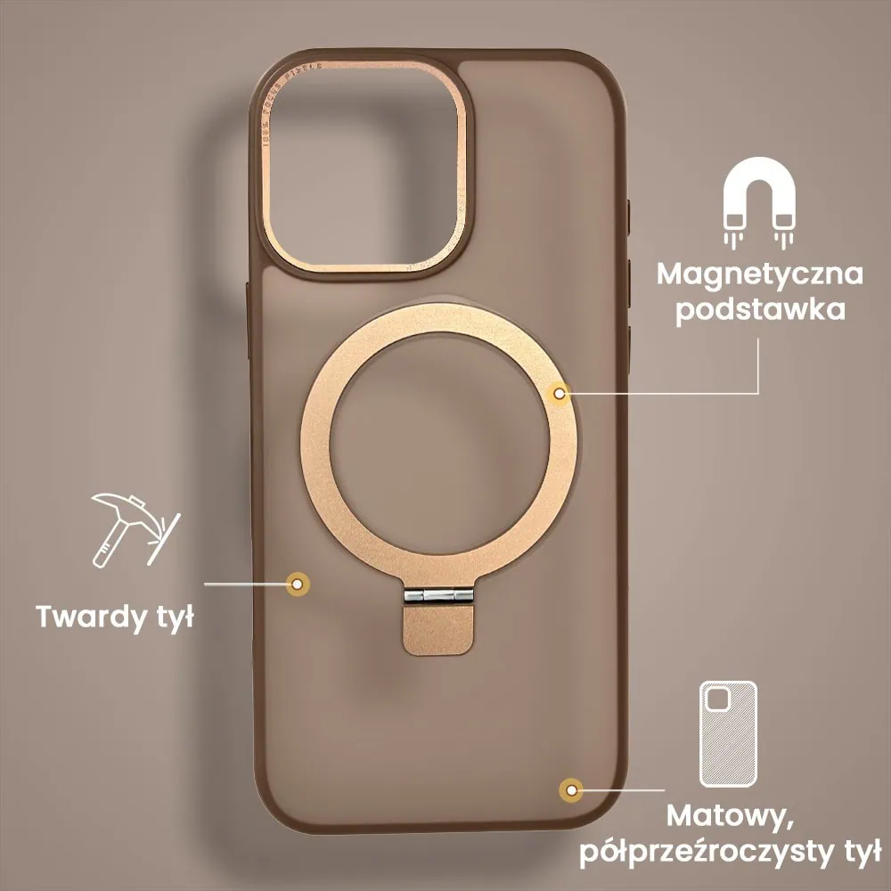 Etui do iPhone 16 Pro Metal Cam MagSafe Stand z podstawką, twarde, półprzeźroczyste, pustynny brąz