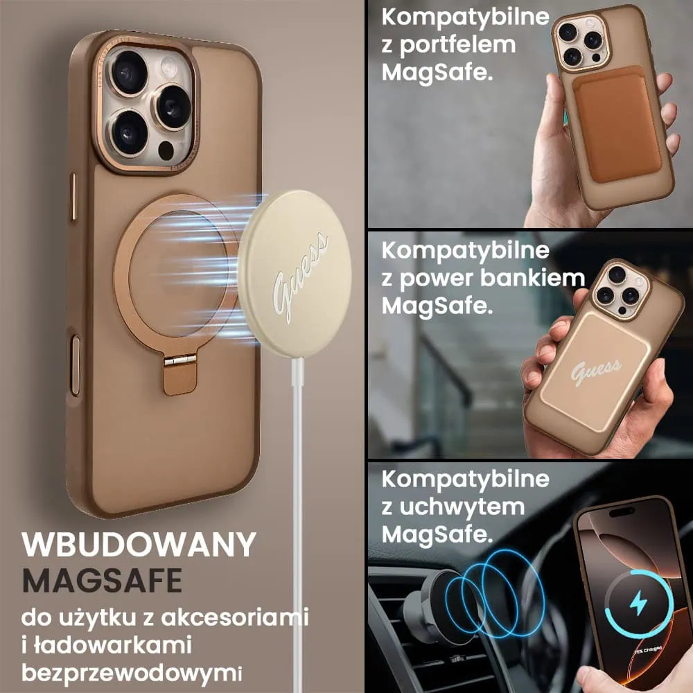 Etui do iPhone 16 Pro Metal Cam MagSafe Stand z podstawką, twarde, półprzeźroczyste, pustynny brąz