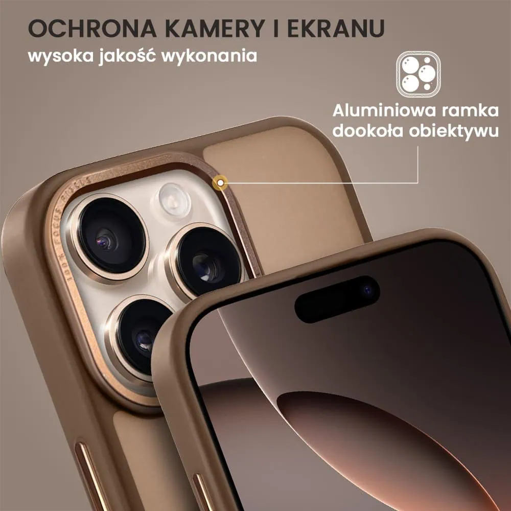 Etui do iPhone 16 Pro Metal Cam MagSafe Stand z podstawką, twarde, półprzeźroczyste, pustynny brąz