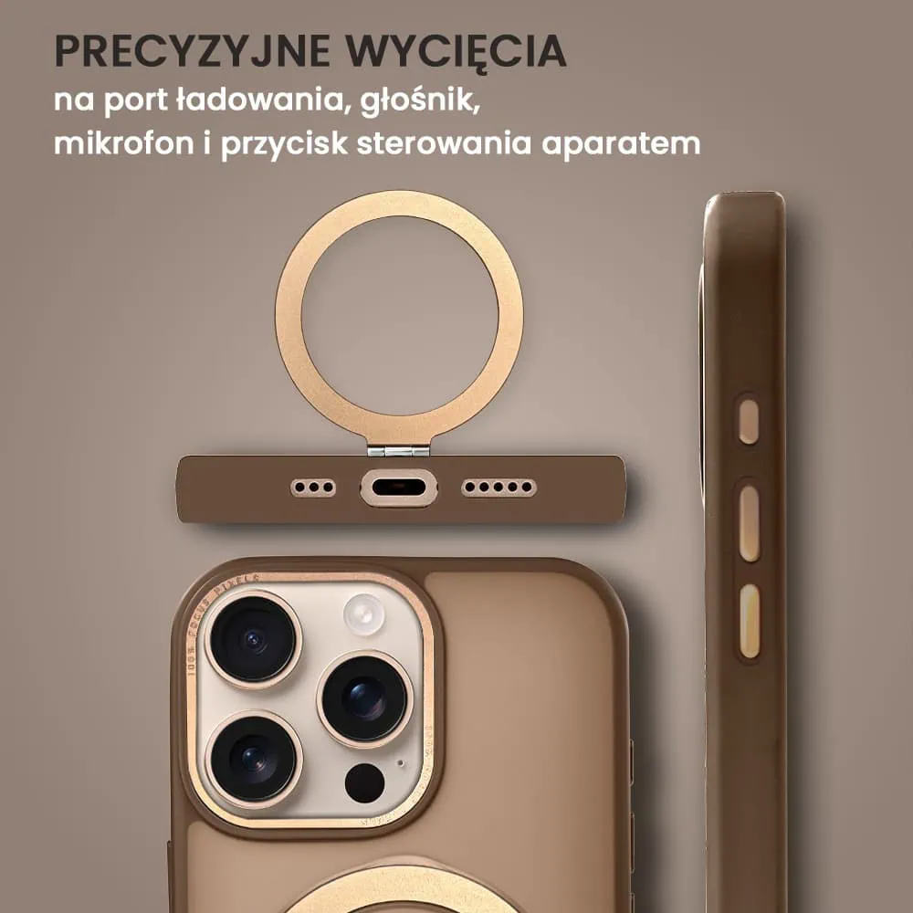 Etui do iPhone 16 Pro Metal Cam MagSafe Stand z podstawką, twarde, półprzeźroczyste, pustynny brąz