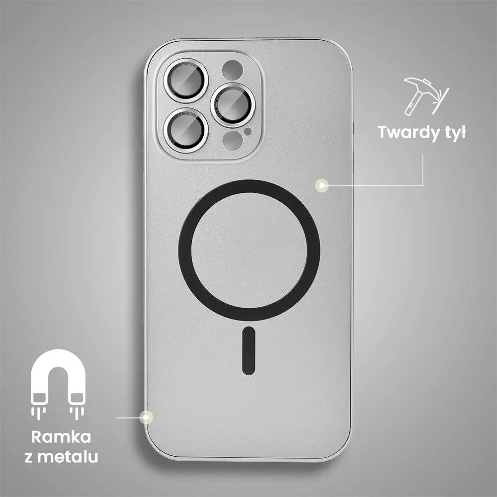 Etui do iPhone 16 Pro Metal Solid Magsafe, pełny tył z metalową ramką i osłoną aparatu, srebrne