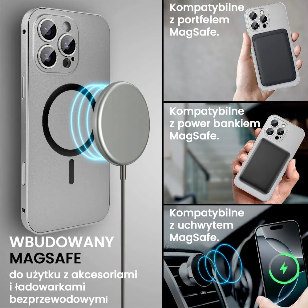Etui do iPhone 16 Pro Metal Solid Magsafe, pełny tył z metalową ramką i osłoną aparatu, srebrne