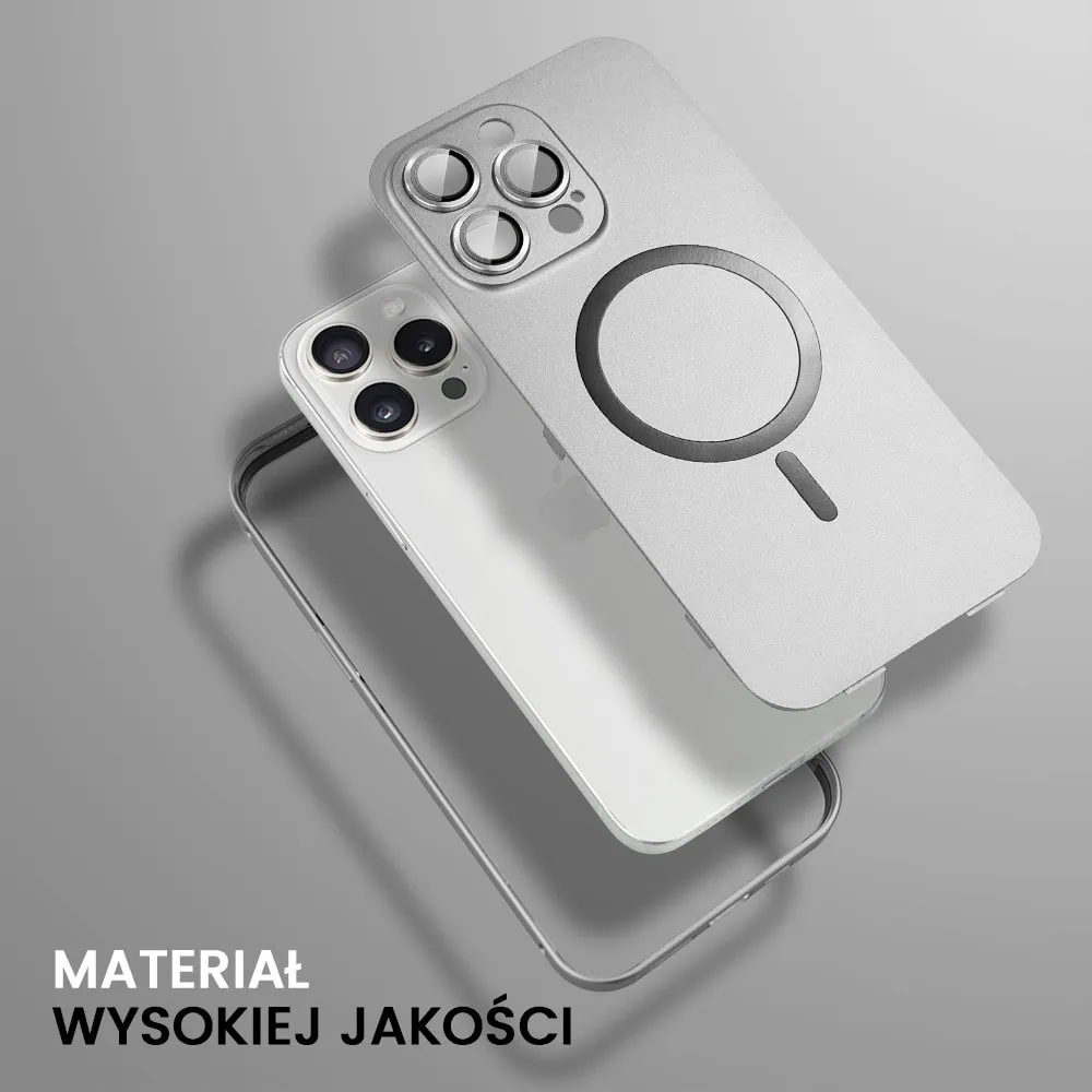 Etui do iPhone 16 Pro Metal Solid Magsafe, pełny tył z metalową ramką i osłoną aparatu, srebrne