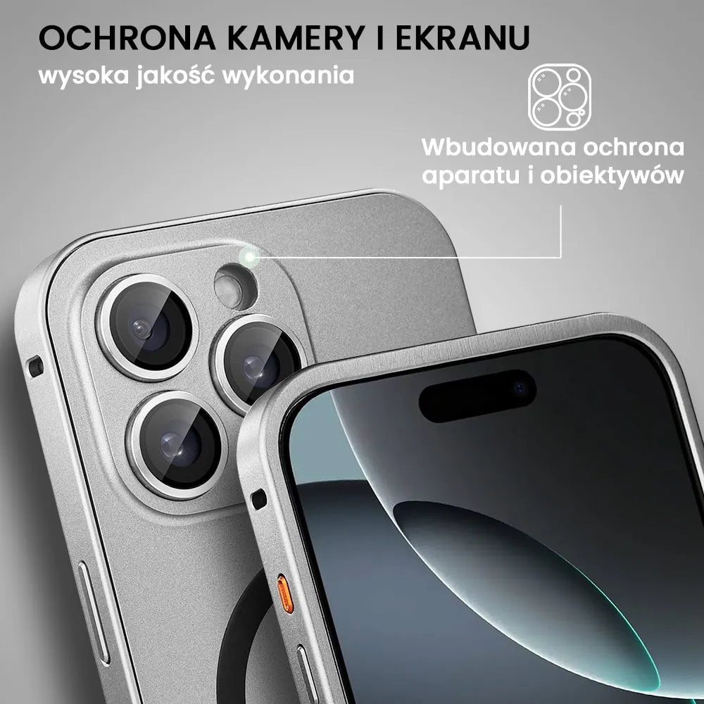 Etui do iPhone 16 Pro Metal Solid Magsafe, pełny tył z metalową ramką i osłoną aparatu, srebrne