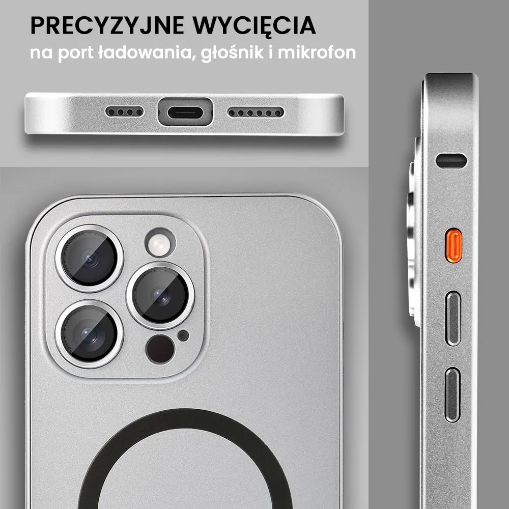 Etui do iPhone 16 Pro Metal Solid Magsafe, pełny tył z metalową ramką i osłoną aparatu, srebrne
