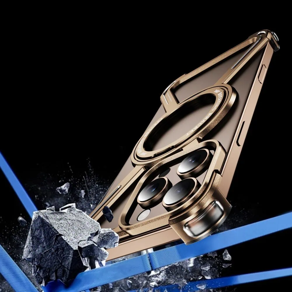 Etui do iPhone 16 Pro, Metal X-Shield metalowe, z widocznym logo i podstawką, tytan pustynny