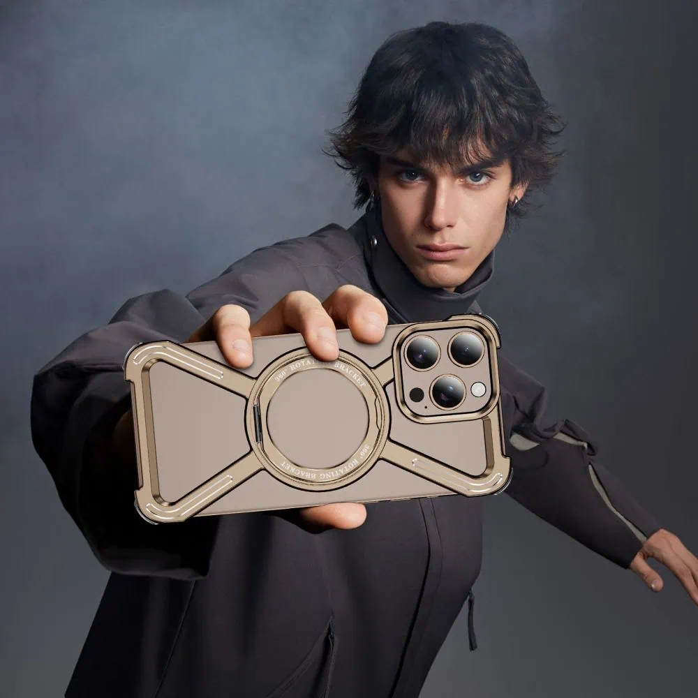 Etui do iPhone 16 Pro, Metal X-Shield metalowe, z widocznym logo i podstawką, tytan pustynny