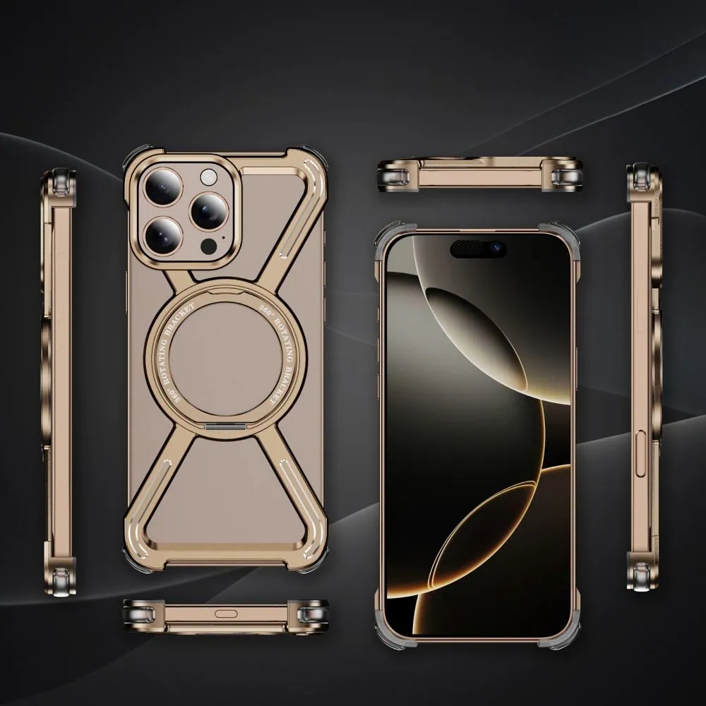 Etui do iPhone 16 Pro, Metal X-Shield metalowe, z widocznym logo i podstawką, tytan pustynny