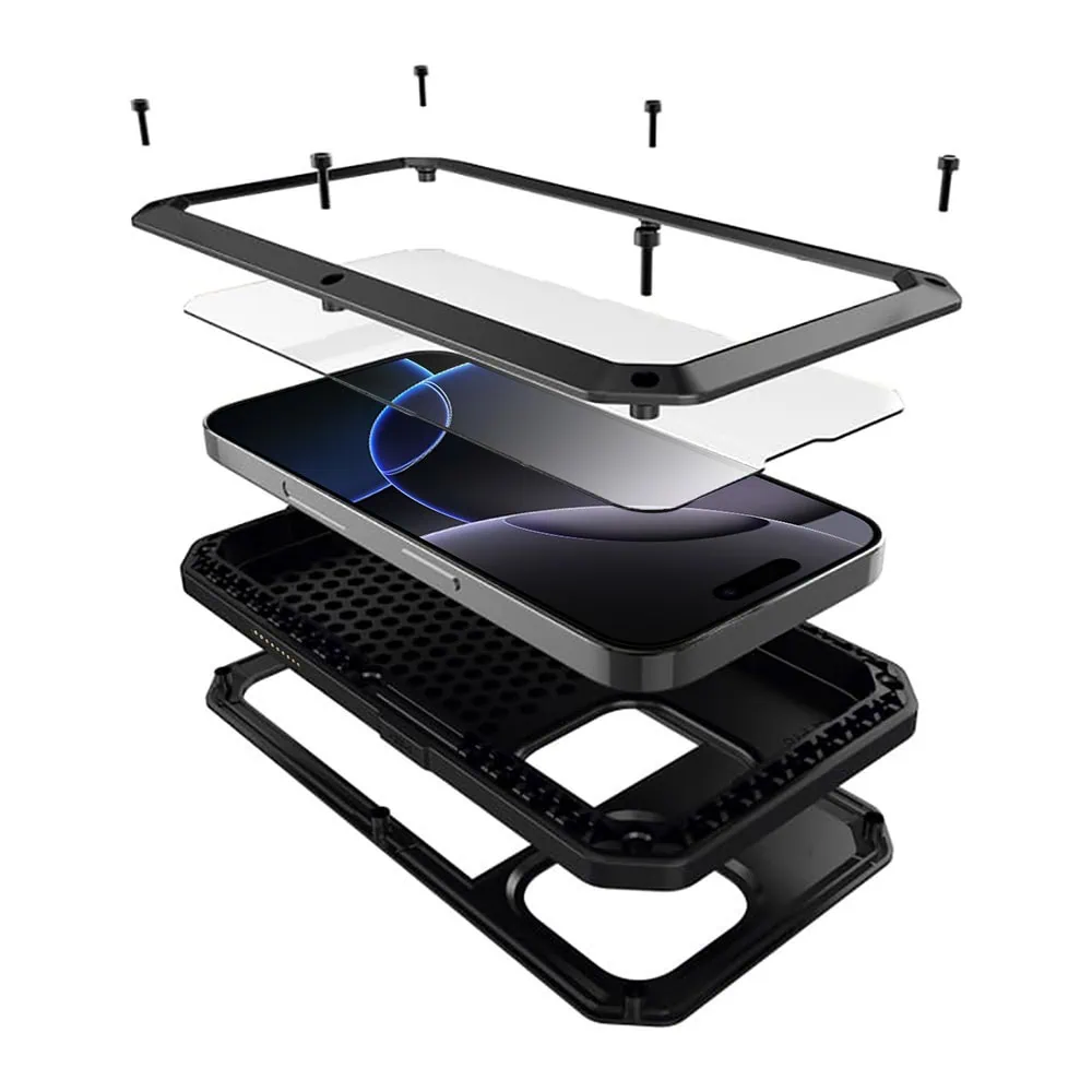 Etui do iPhone 16 Pro Panzer Max, metalowa, skręcana, pancerna obudowa przód+tył, czarne