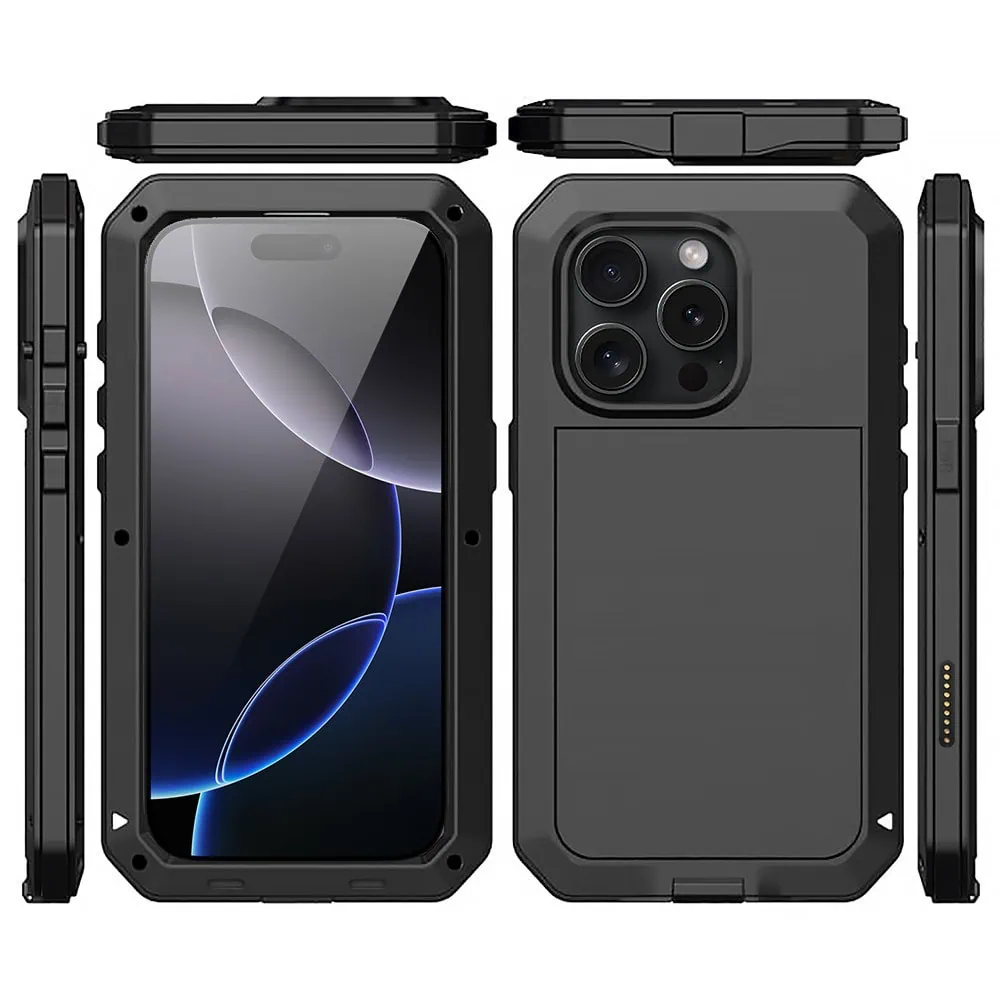 Etui do iPhone 16 Pro Panzer Max, metalowa, skręcana, pancerna obudowa przód+tył, czarne