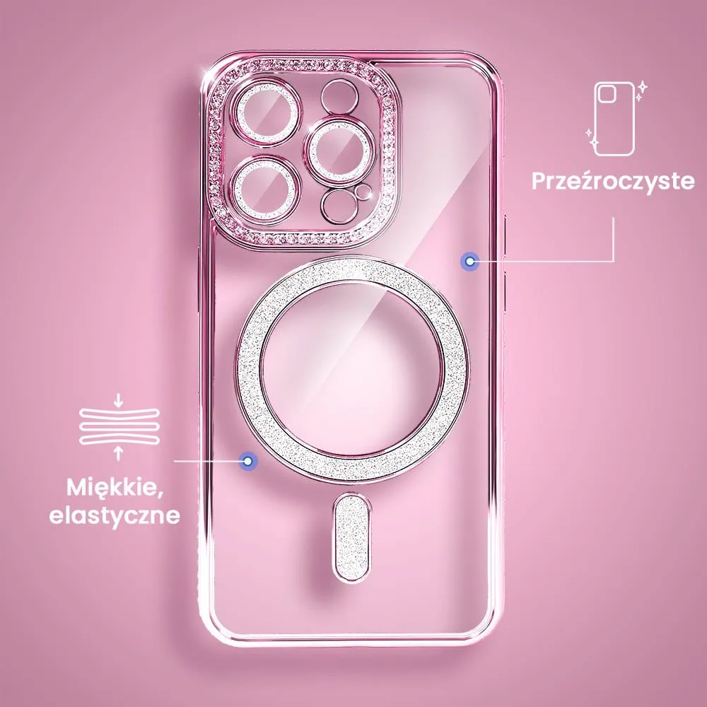 Etui do iPhone 16 Pro Diadem Glow, błyszczące z MagSafe, przeźroczyste, różowe
