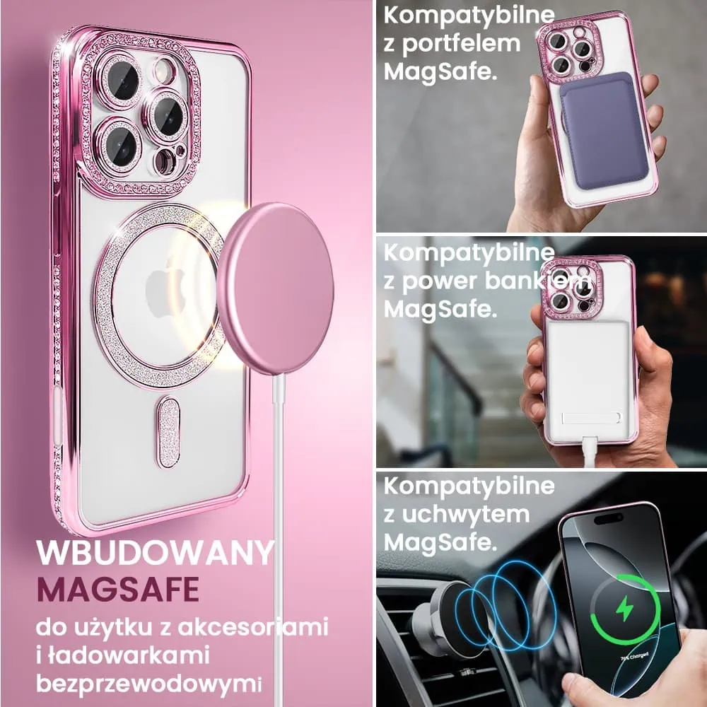 Etui do iPhone 16 Pro Diadem Glow, błyszczące z MagSafe, przeźroczyste, różowe