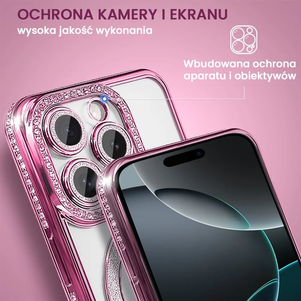 Etui do iPhone 16 Pro Diadem Glow, błyszczące z MagSafe, przeźroczyste, różowe