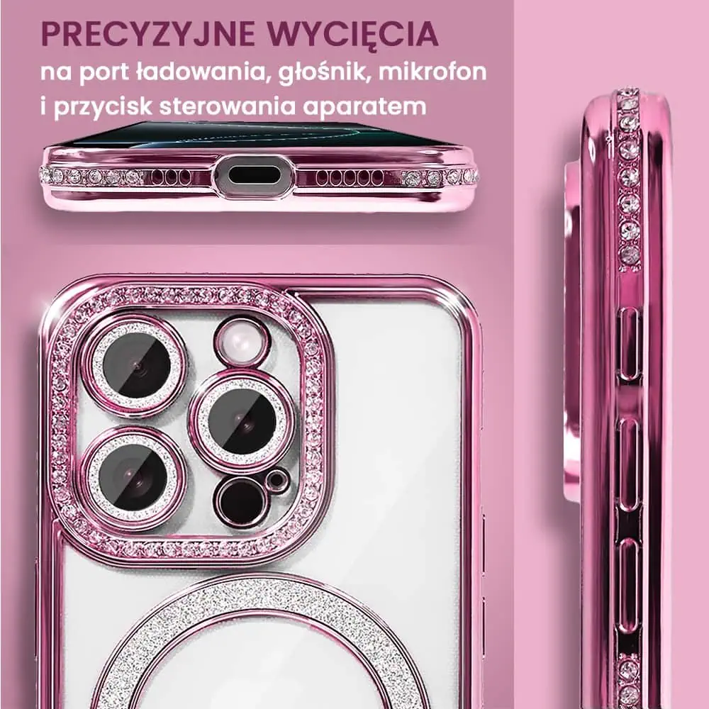 Etui do iPhone 16 Pro Diadem Glow, błyszczące z MagSafe, przeźroczyste, różowe