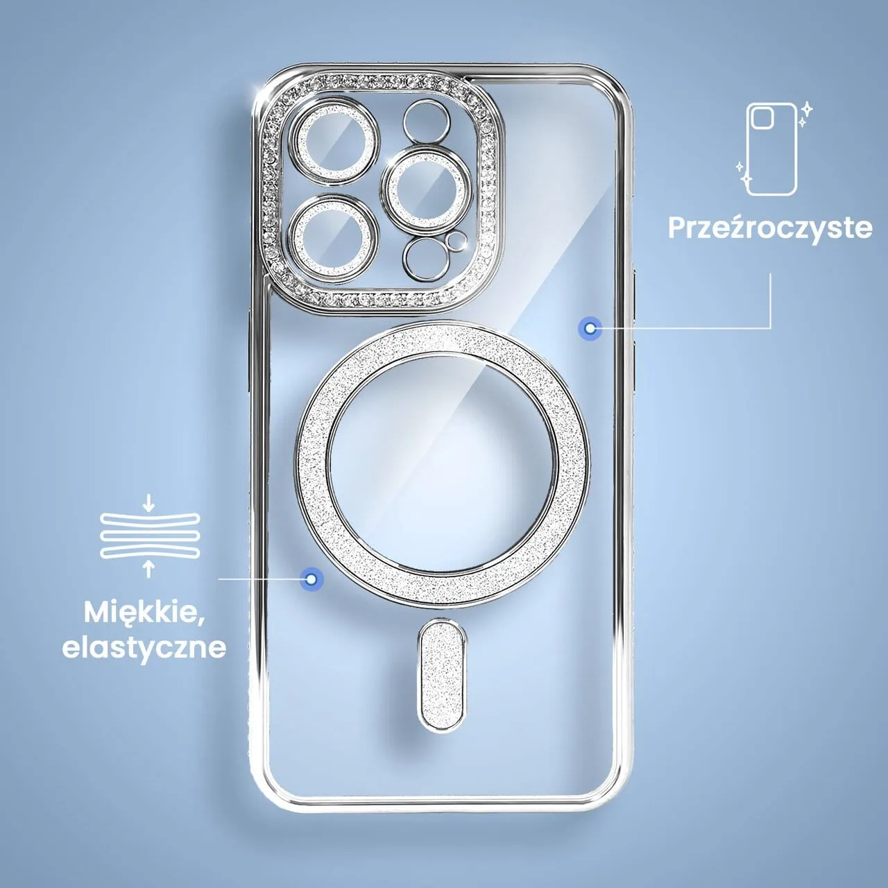 Etui do iPhone 16 Pro Diadem Glow, błyszczące z MagSafe, przeźroczyste, srebrne