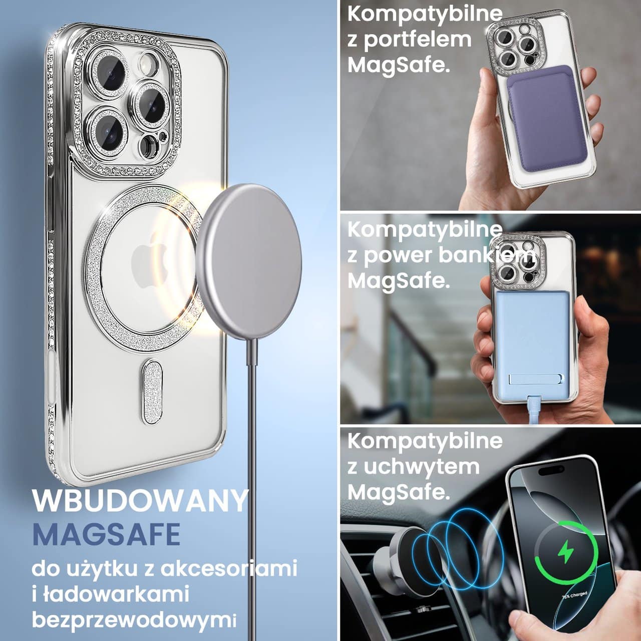 Etui do iPhone 16 Pro Diadem Glow, błyszczące z MagSafe, przeźroczyste, srebrne