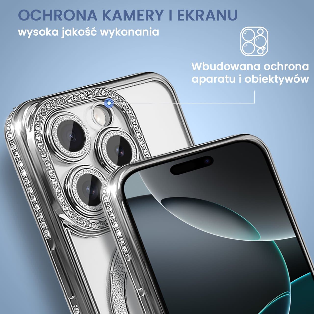 Etui do iPhone 16 Pro Diadem Glow, błyszczące z MagSafe, przeźroczyste, srebrne