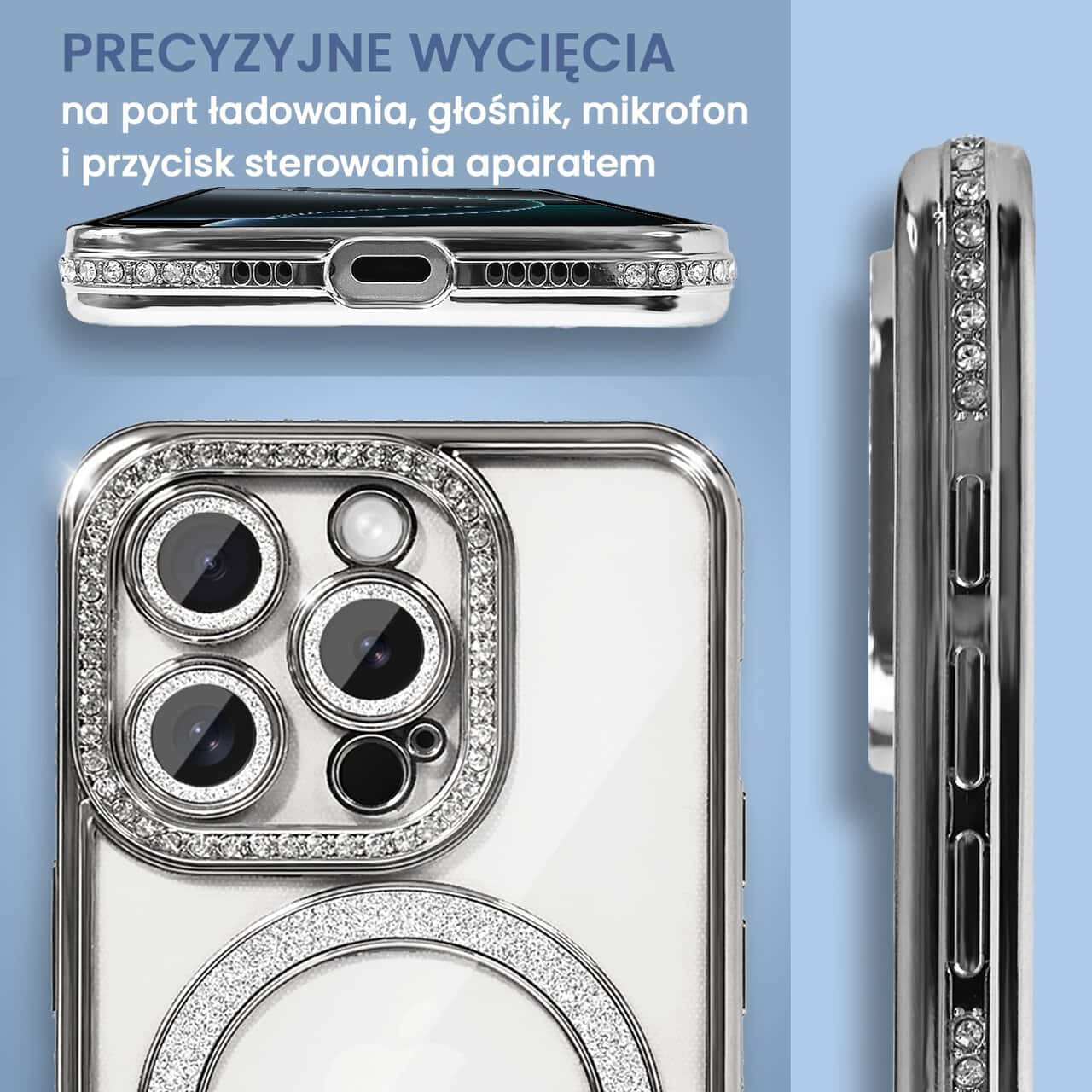 Etui do iPhone 16 Pro Diadem Glow, błyszczące z MagSafe, przeźroczyste, srebrne