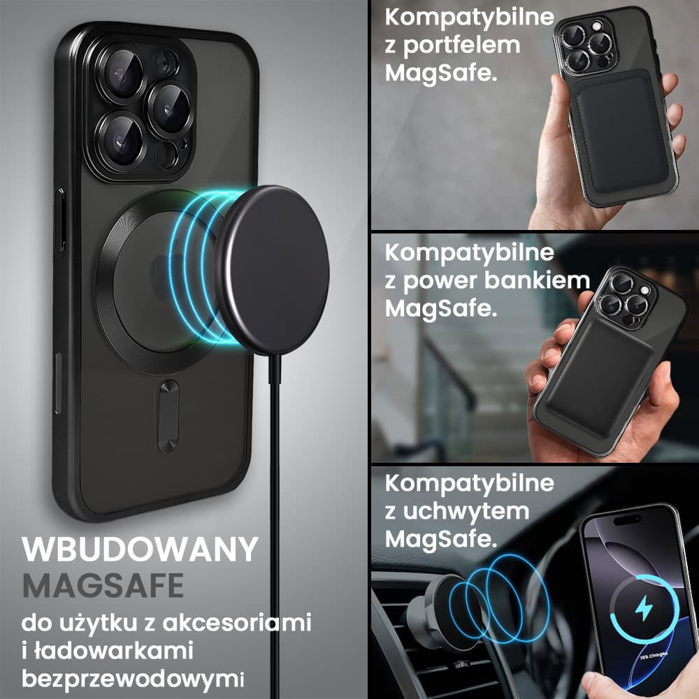 Etui do iPhone 16 Pro MagSafe Luxury Protect przeźroczyste, z osłoną aparatu, Titanium Finish, czarny tytan
