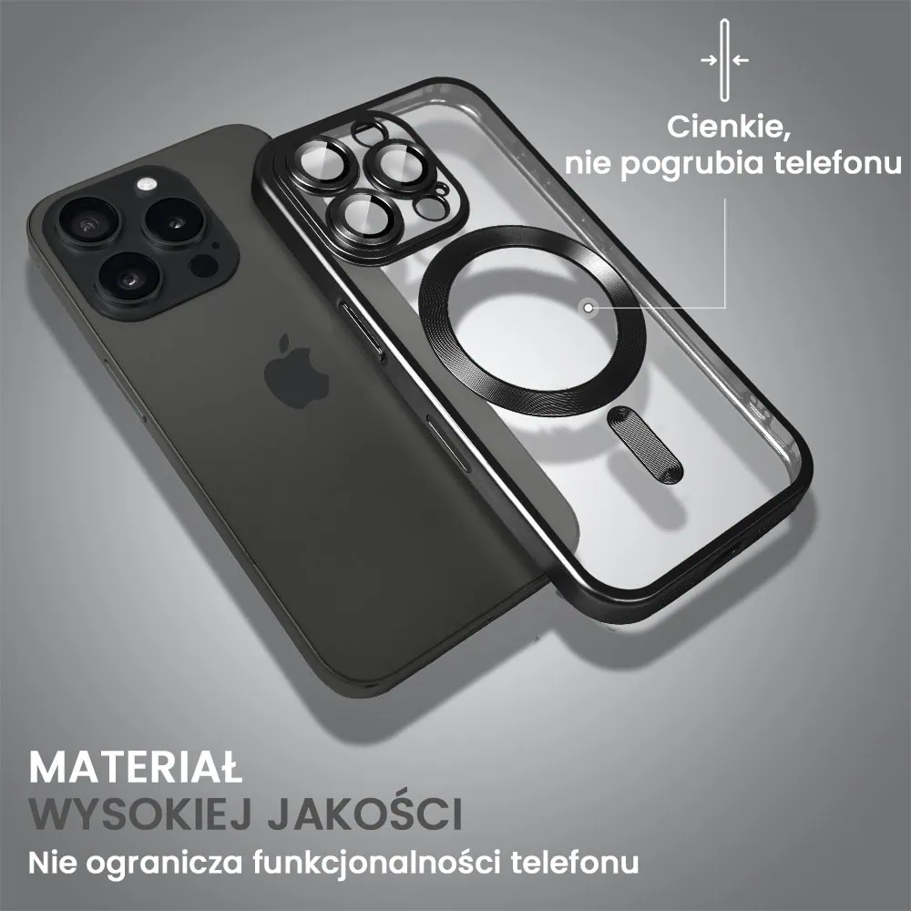 Etui do iPhone 16 Pro MagSafe Luxury Protect przeźroczyste, z osłoną aparatu, Titanium Finish, czarny tytan