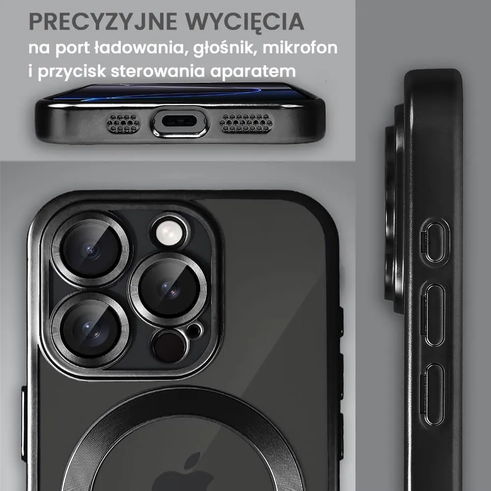 Etui do iPhone 16 Pro MagSafe Luxury Protect przeźroczyste, z osłoną aparatu, Titanium Finish, czarny tytan
