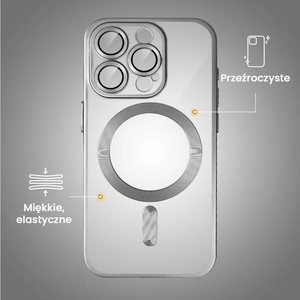 Etui do iPhone 16 Pro Max MagSafe Luxury Protect przeźroczyste, z osłoną aparatu, Titanium Finish, srebrny tytan