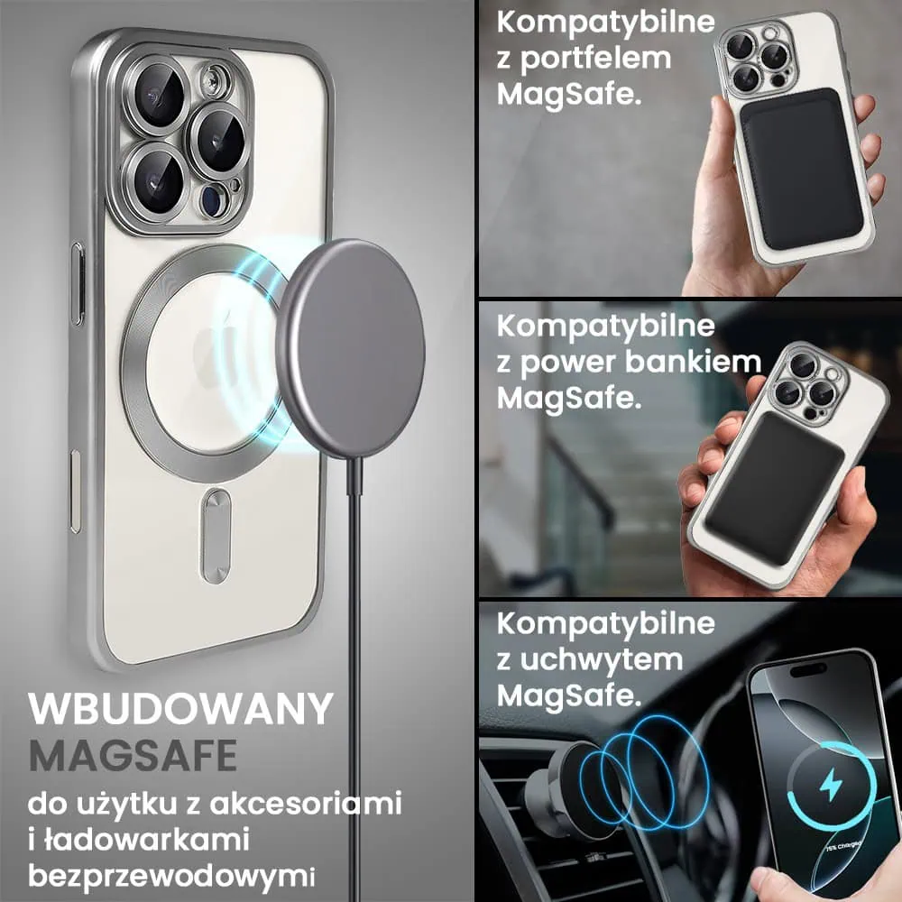 Etui do iPhone 16 Pro Max MagSafe Luxury Protect przeźroczyste, z osłoną aparatu, Titanium Finish, srebrny tytan