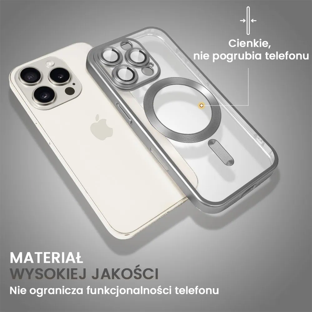 Etui do iPhone 16 Pro Max MagSafe Luxury Protect przeźroczyste, z osłoną aparatu, Titanium Finish, srebrny tytan