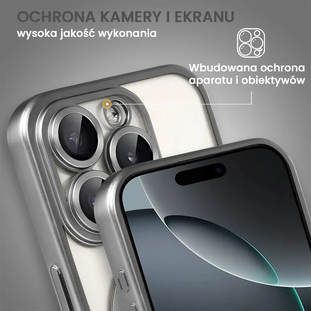 Etui do iPhone 16 Pro Max MagSafe Luxury Protect przeźroczyste, z osłoną aparatu, Titanium Finish, srebrny tytan