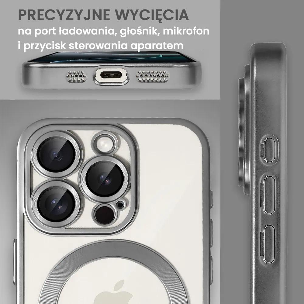 Etui do iPhone 16 Pro Max MagSafe Luxury Protect przeźroczyste, z osłoną aparatu, Titanium Finish, srebrny tytan