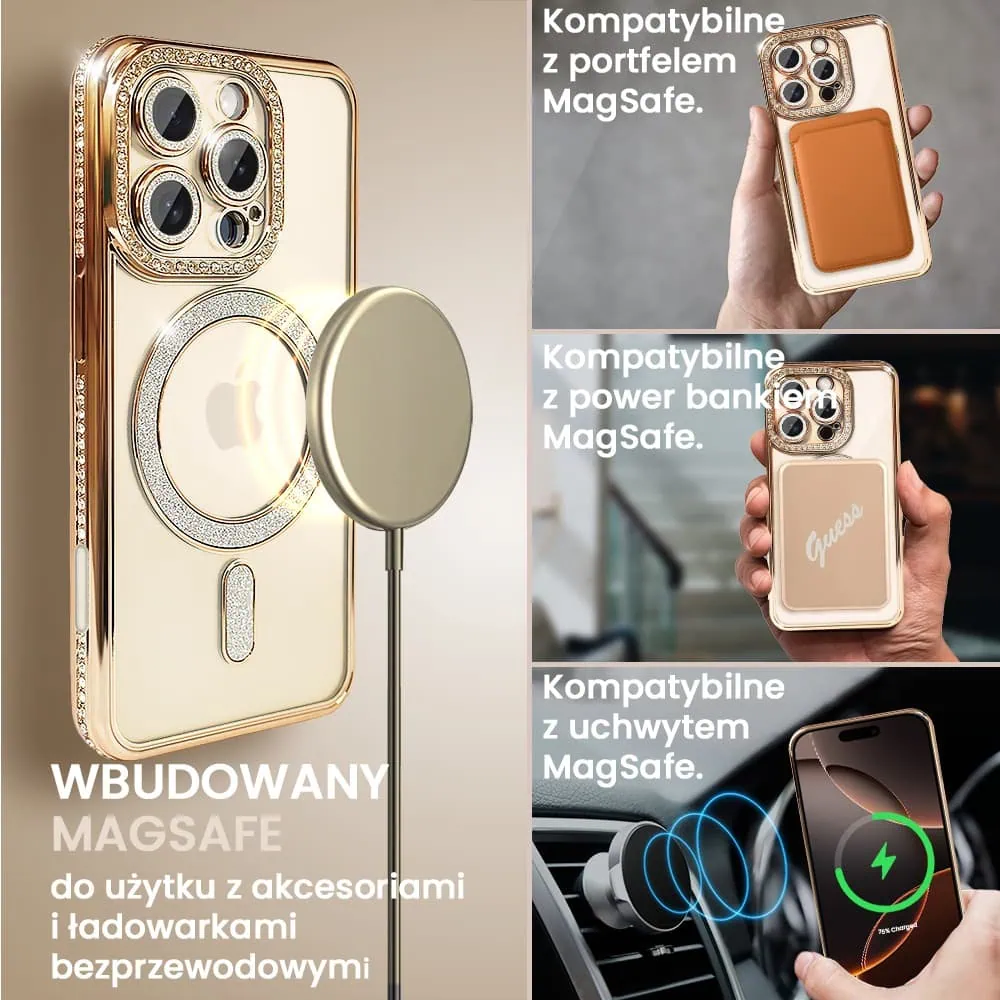 Etui do iPhone 16 Pro Diadem Glow, błyszczące z MagSafe, przeźroczyste, złote
