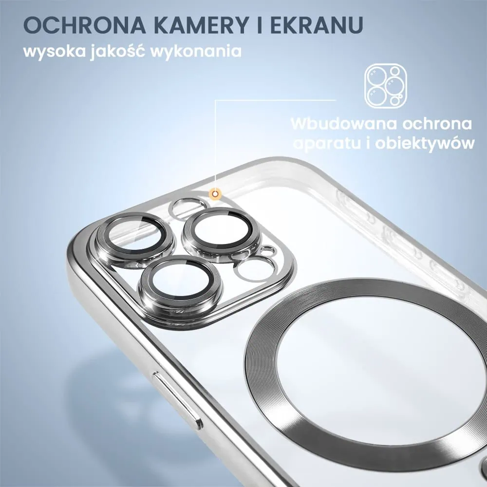 Etui do iPhone 16 Pro Max MagSafe Luxury Protect przeźroczyste, hybrydowa ochrona kamery, srebrne