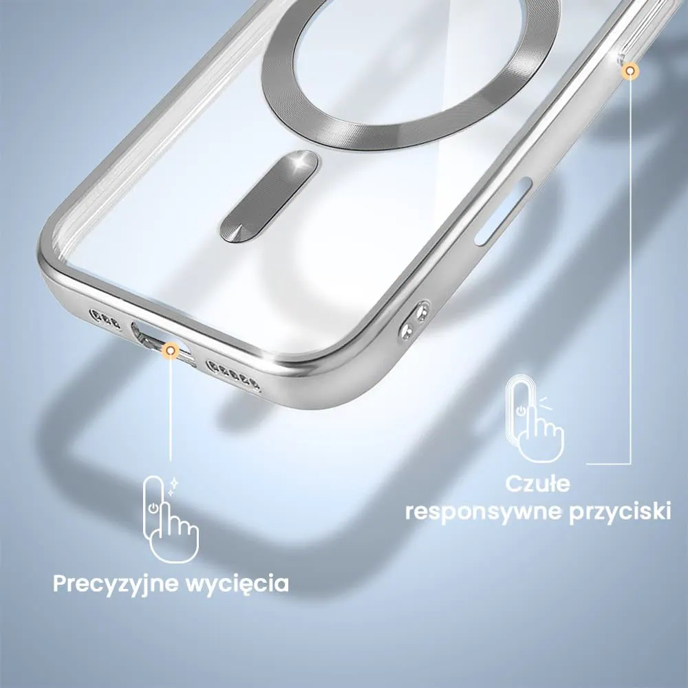 Etui do iPhone 16 Pro Max MagSafe Luxury Protect przeźroczyste, hybrydowa ochrona kamery, srebrne