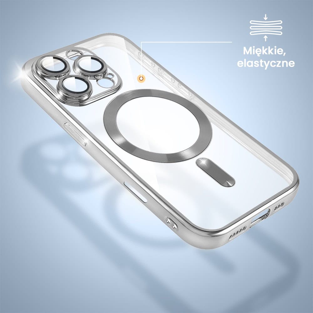 Etui do iPhone 16 Pro Max MagSafe Luxury Protect przeźroczyste, hybrydowa ochrona kamery, srebrne