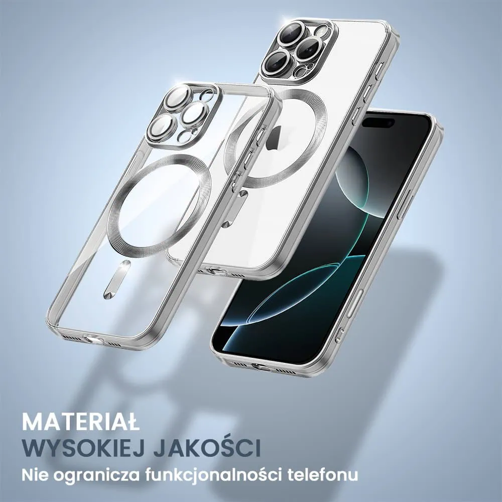 Etui do iPhone 16 Pro Max MagSafe Luxury Protect przeźroczyste, hybrydowa ochrona kamery, srebrne