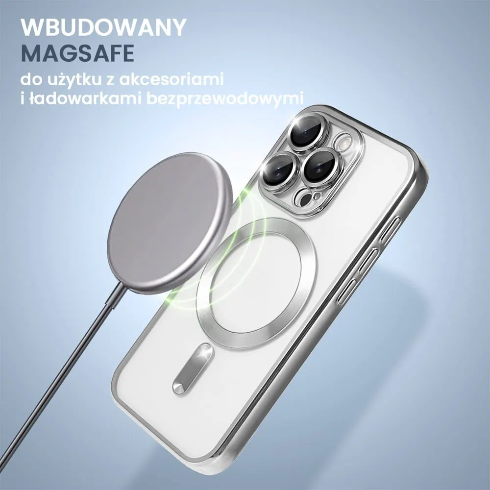 Etui do iPhone 16 Pro Max MagSafe Luxury Protect przeźroczyste, hybrydowa ochrona kamery, srebrne