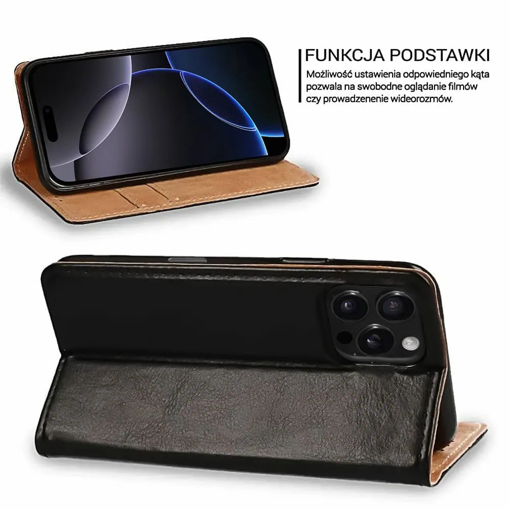 Etui do iPhone 16 Pro zamykane, eleganckie skórzane, czarne