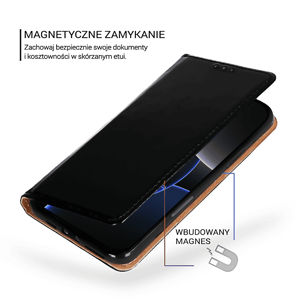 Etui do iPhone 16 Pro zamykane, eleganckie skórzane, czarne
