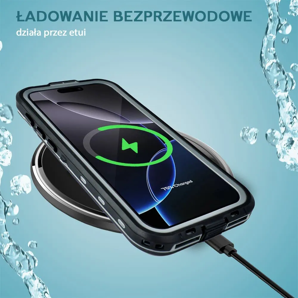 Etui do iPhone 16 Pro wodoodporne z MagSafe, pancerne, przeźroczyste, czarne