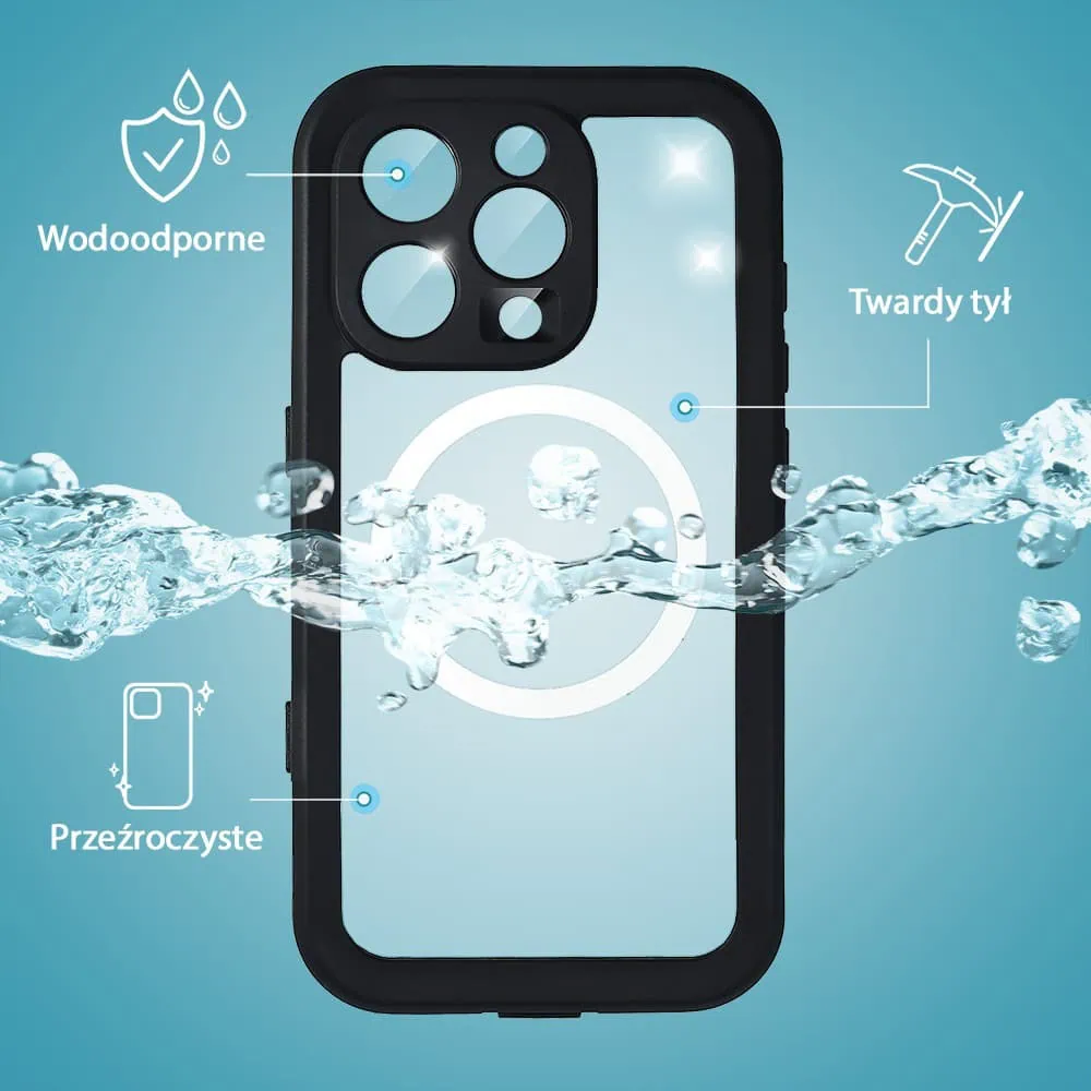 Etui do iPhone 16 Pro wodoodporne z MagSafe, pancerne, przeźroczyste, czarne